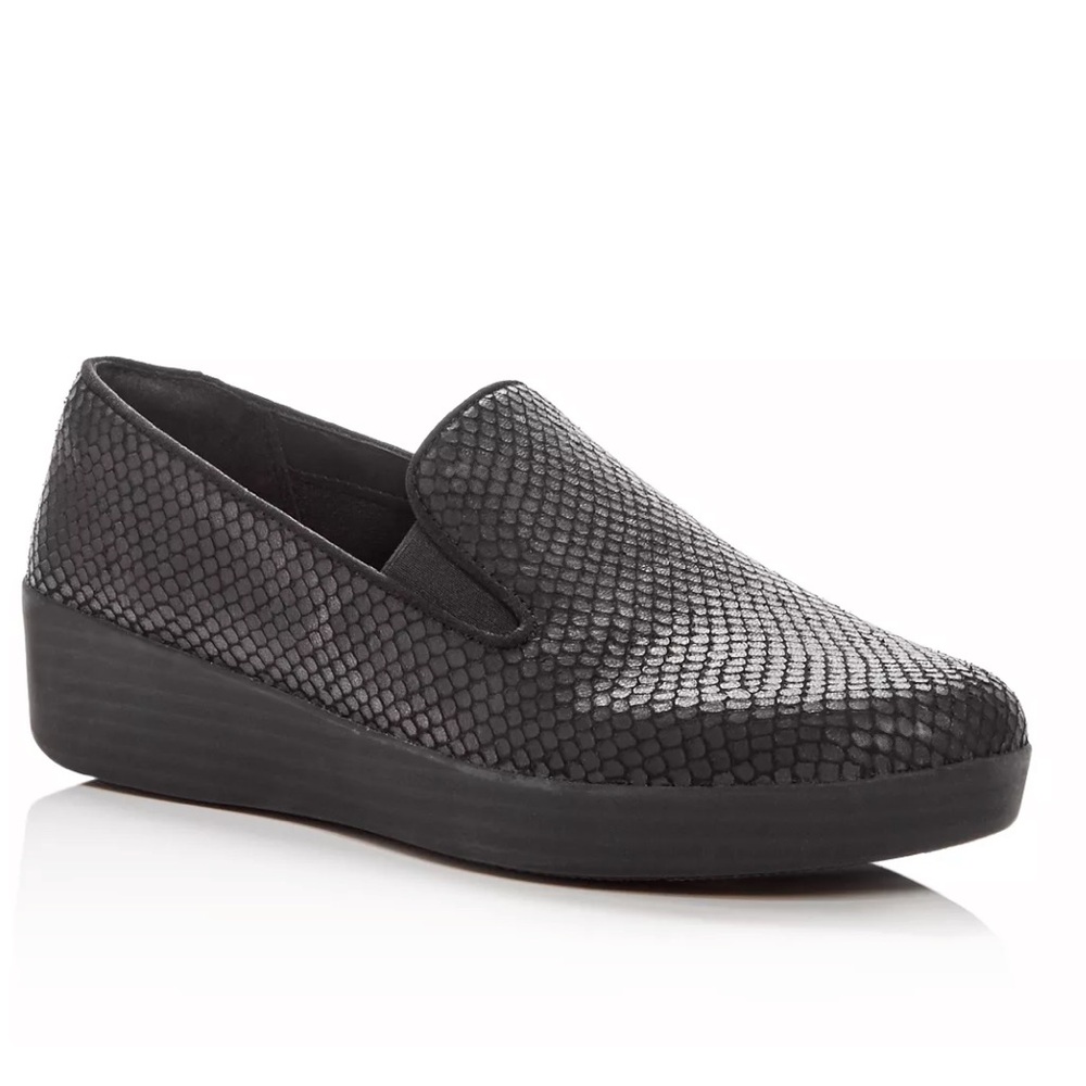 FitFlop Black Superskate Snake Embossed Leather Sneaker Loafers 6